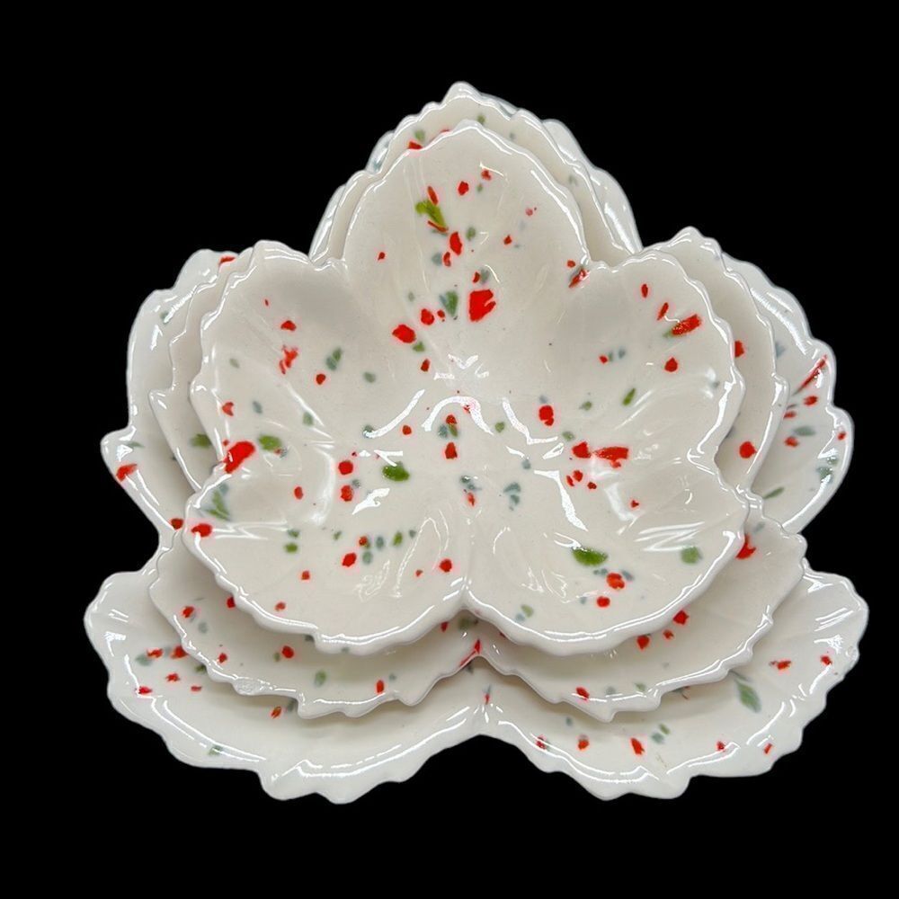 Vintage Leaf Trinket Dishes Set of 3 Speckled Pottery Jewelry Dishes